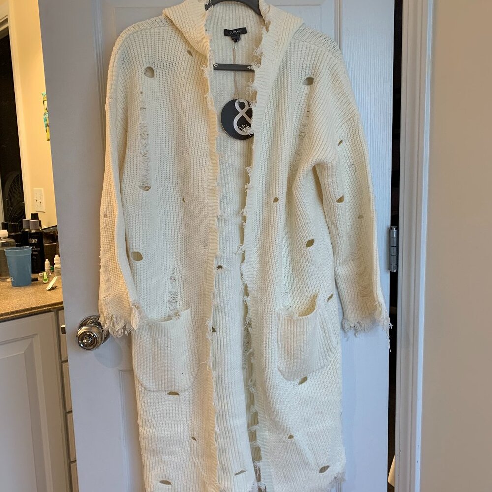 And Merci M/L Cream colored distressed hooded sweater duster NWT
